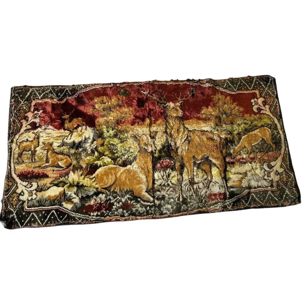 Vtg Deer Family Wall Tapestry Hunting Lodge Decor Hanging Rustic Cabin Woodland